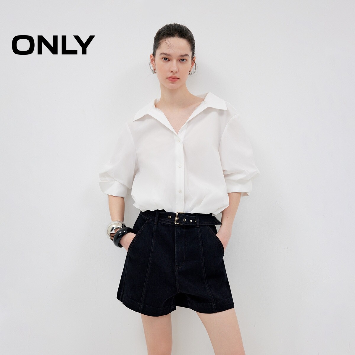 ONLY纯色五分灯笼袖花苞下摆衬衫