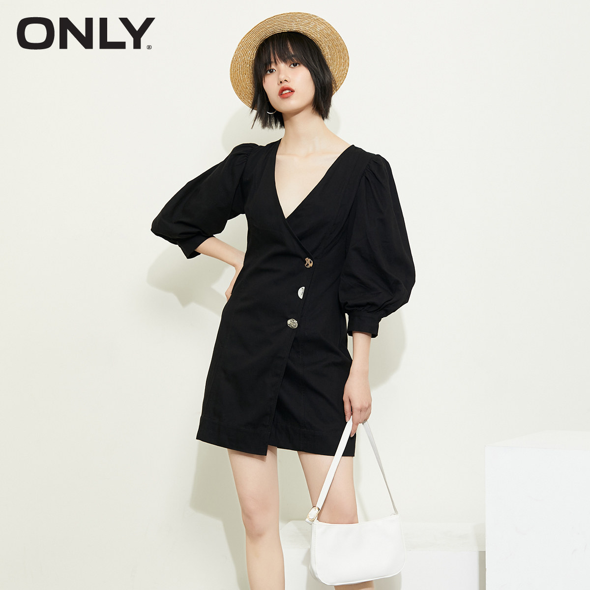 ONLY奥莱时尚纯色灯笼袖收腰显瘦连衣裙女|120242506