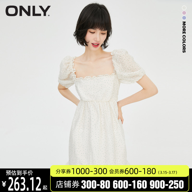 ONLY春季新款气质方领甜美碎花花边泡泡袖连衣裙女|121207169