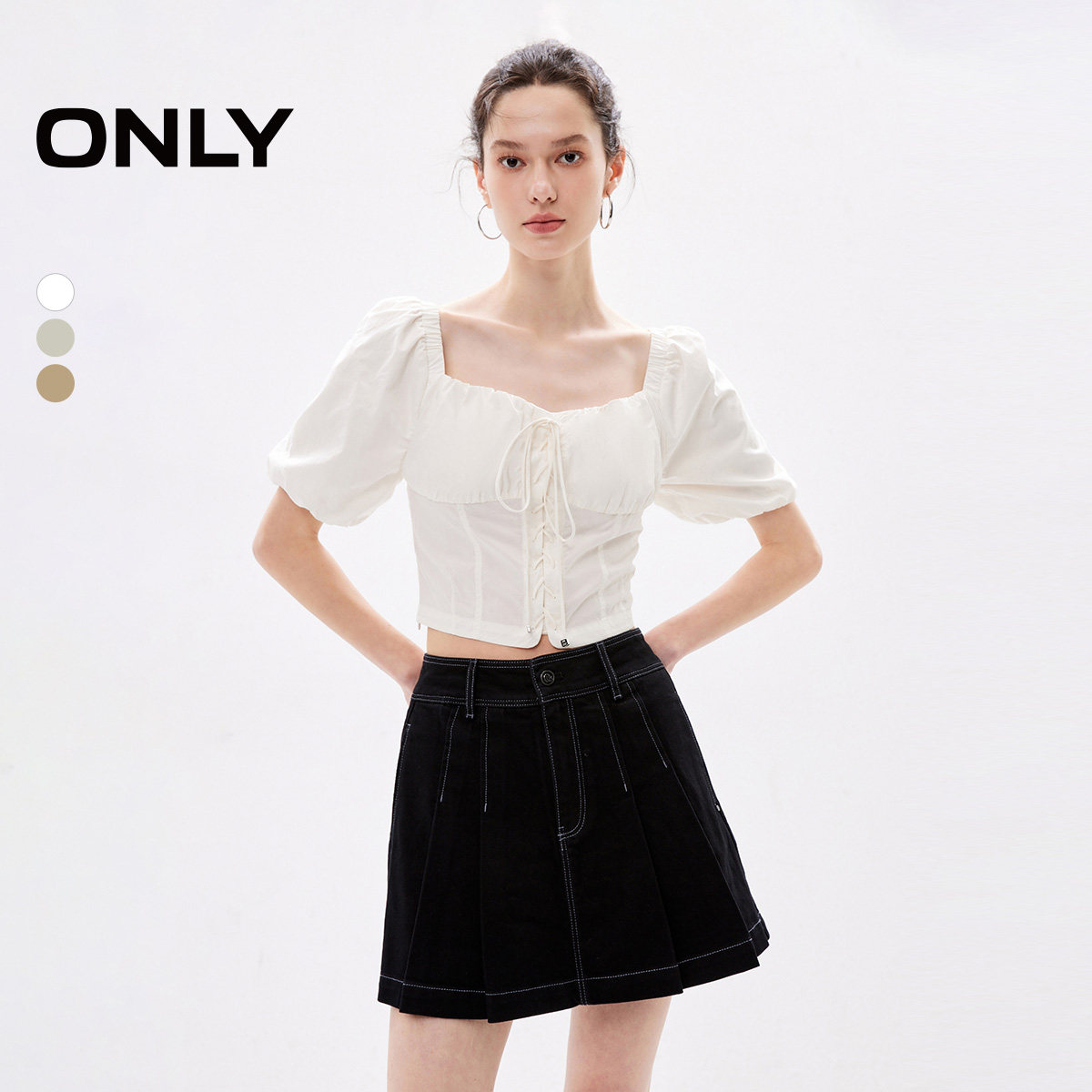 【ONLY奥莱】夏季法式复古宫廷风泡泡袖方领雪纺衫女