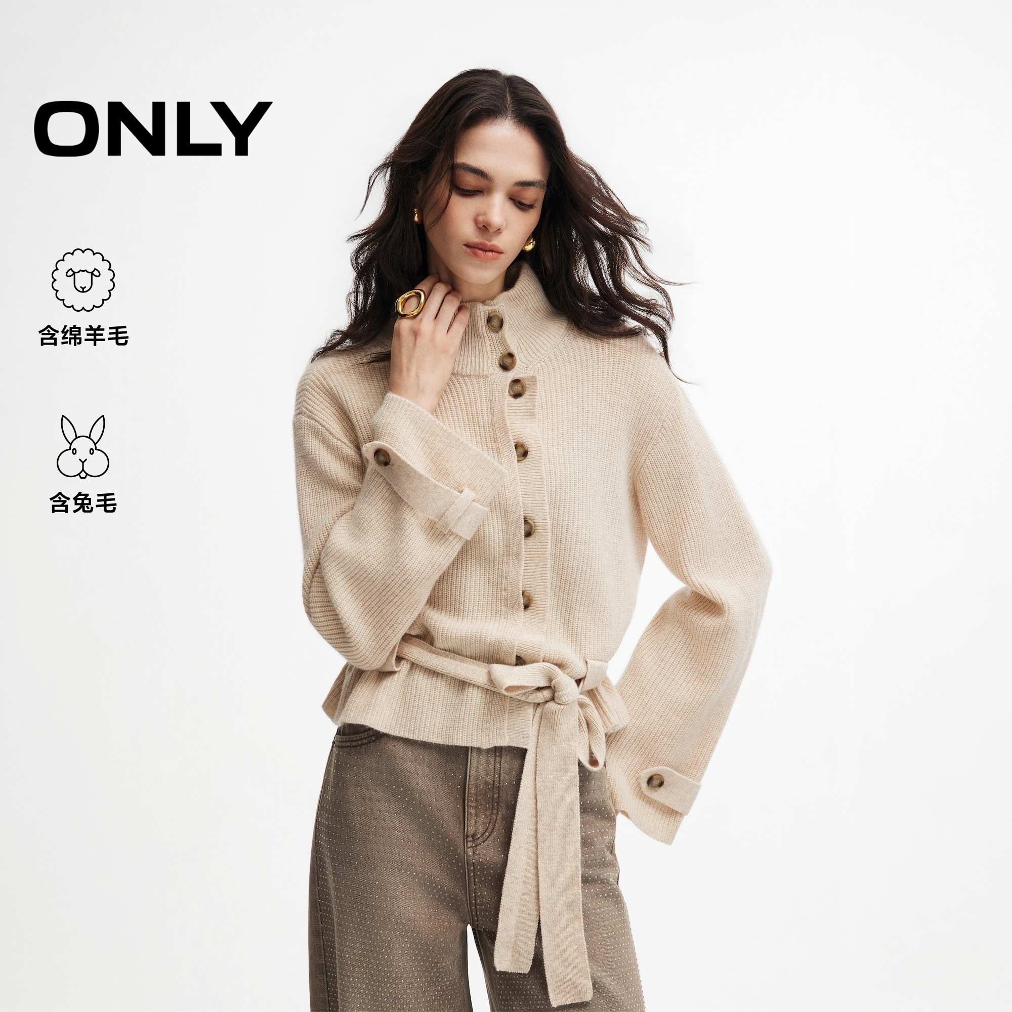 ONLY斜襟排扣宽松落肩毛衣针织衫