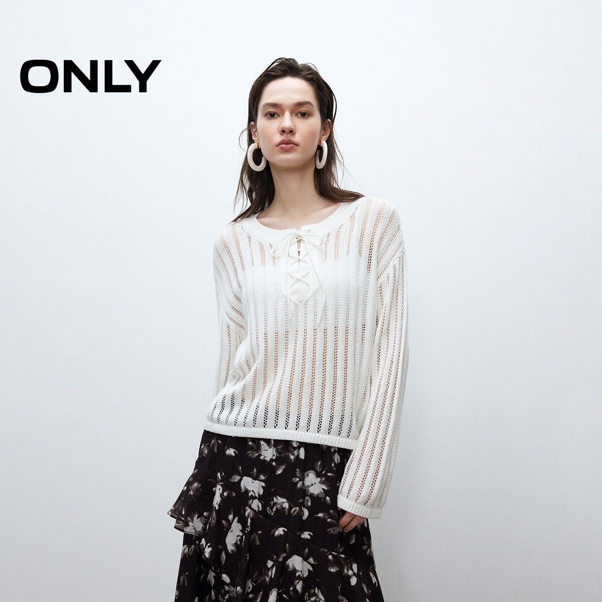 【ONLY奥莱】春夏亨利衫落肩圆领系带宽松薄款长袖罩衫针织衫女