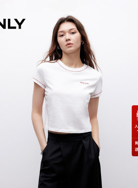 ONLY2025夏季新款精致刺绣slogan圆领撞色缝线显瘦正肩纯棉T恤女