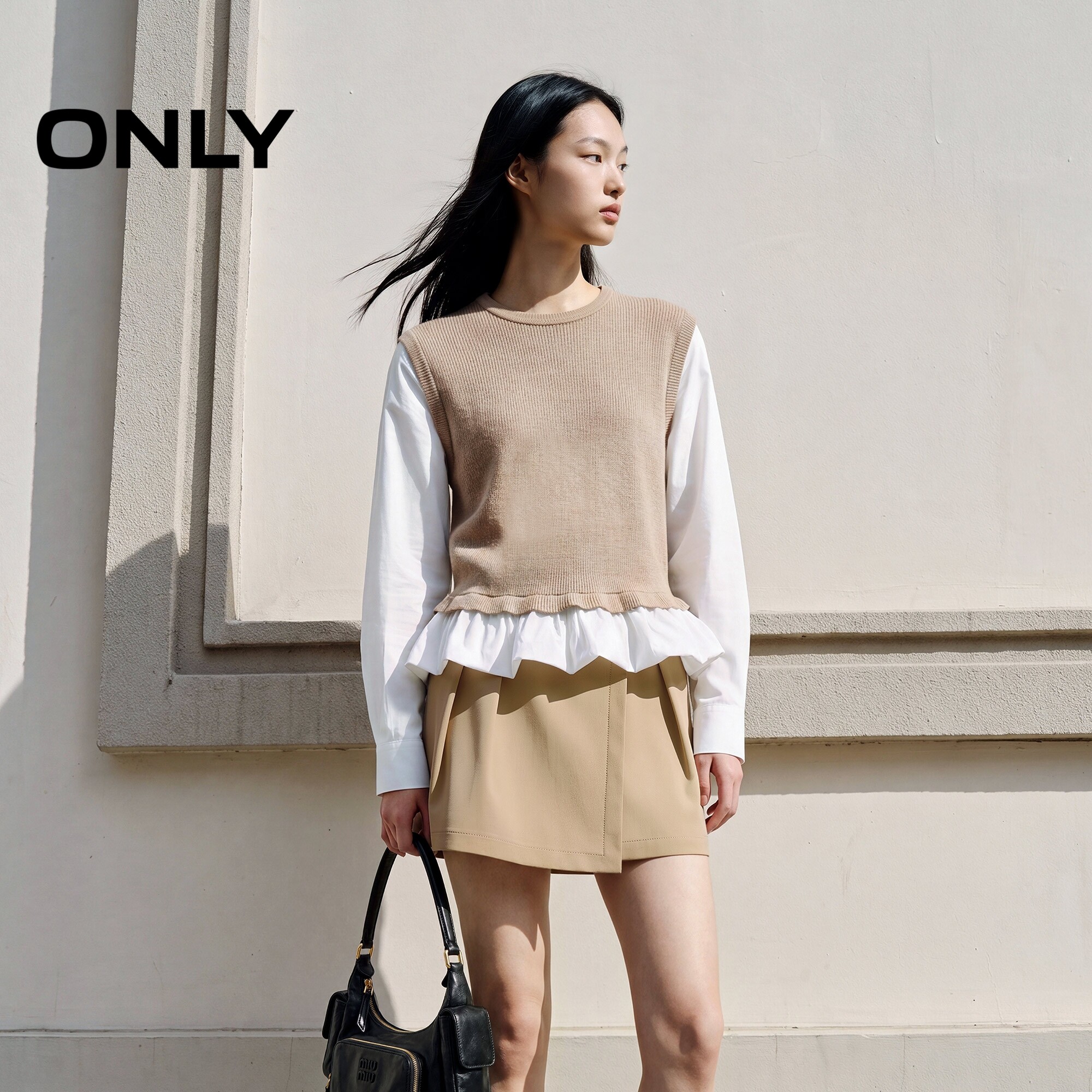 ONLY层次感假两件拼接宽松蕾丝衫