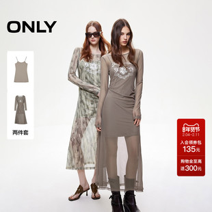ONLY奥莱2025秋冬新款性感辣妹字母印花网纱长裙修身套装连衣裙女
