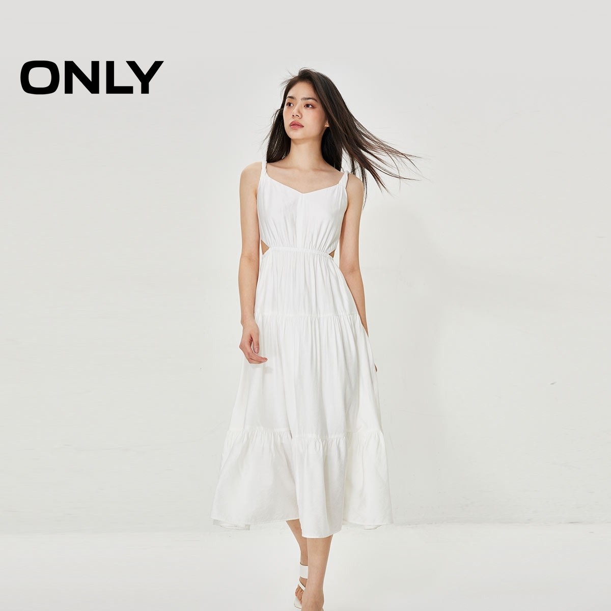【ONLY奥莱】夏季清新简约纯色高腰中长款吊带连衣裙女