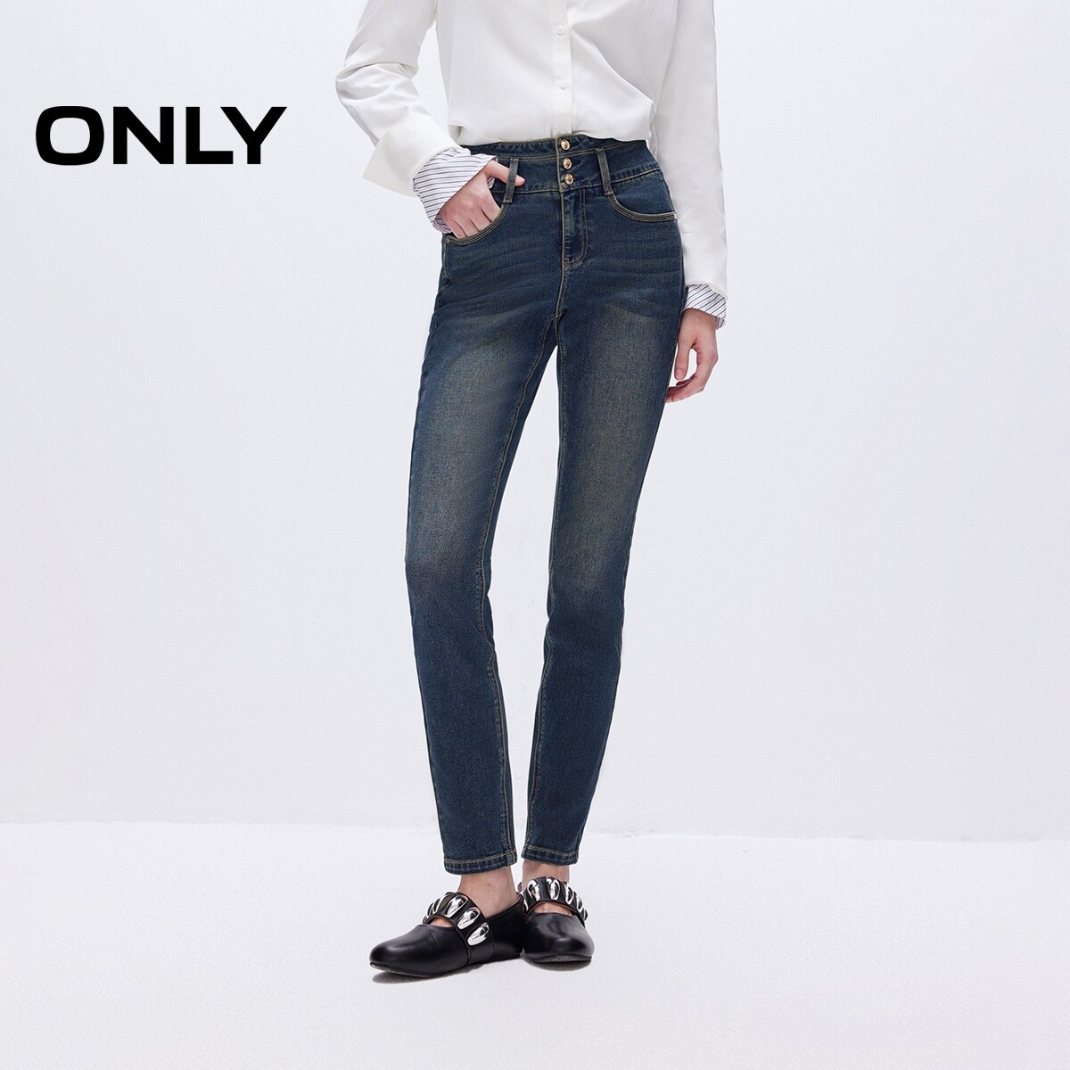 【ONLY奥莱】春夏新款复古磨白高腰修身九分铅笔裤牛仔裤女
