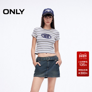 ONLY2025夏季新款复古辣妹风腰带低腰显瘦A字牛仔裙短裙半身裙女