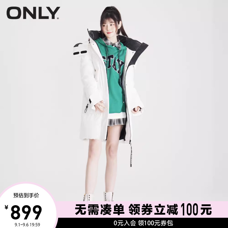 ONLY奥莱冬季百搭90白鸭绒连帽中长款羽绒服女