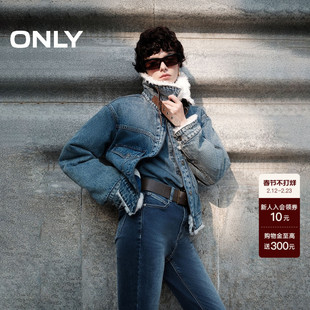 【ONLY奥莱】春季新款复古帅气翻领毛绒拼接保暖夹棉牛仔外套女