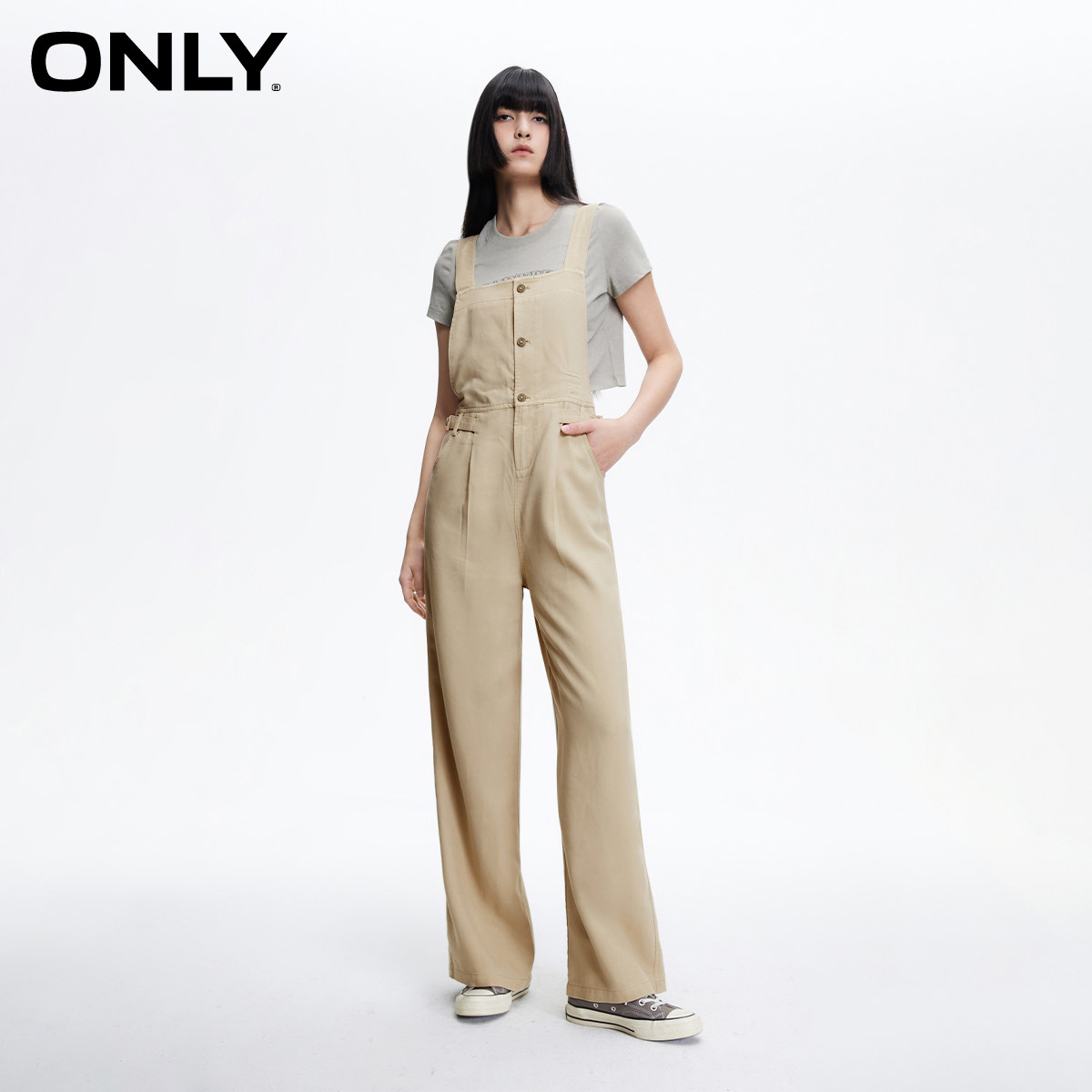 【ONLY奥莱】春夏新款休闲通勤高腰宽松直筒背带休闲裤女