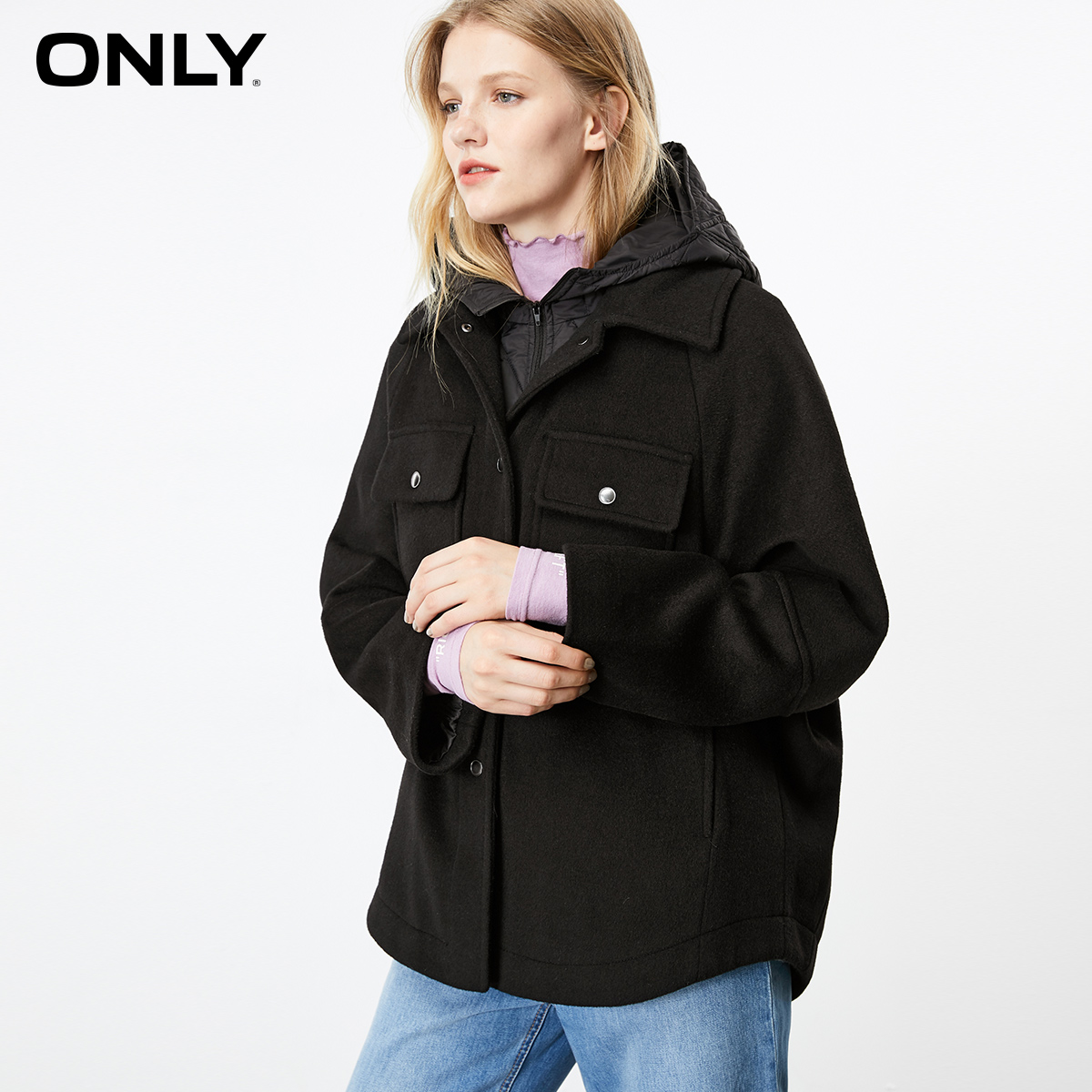 ONLY秋季新款两件套短款宽松羊毛呢子大衣外套女|11934T507