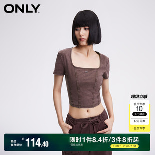 简约休闲百搭做旧显瘦拼接方领T恤女 ONLY奥莱 夏季