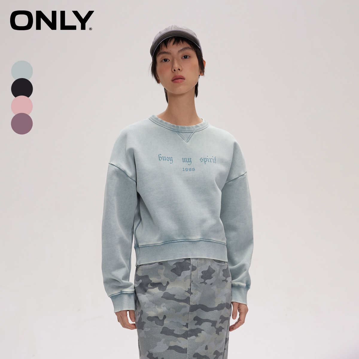 ONLY字母落肩圆领短款卫衣