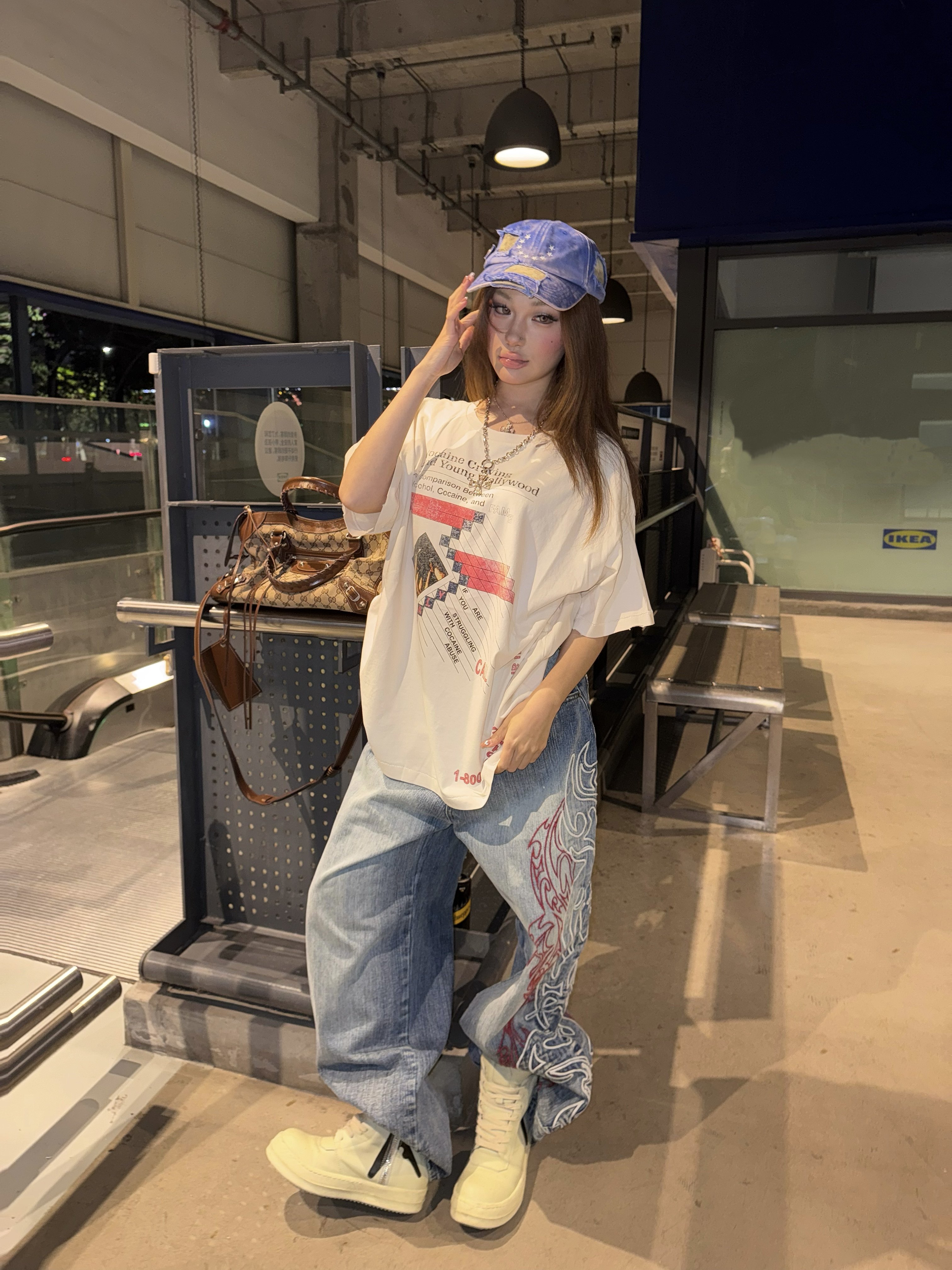 Paly Hollywood水洗做旧破坏涂鸦粉色印花短袖美式休闲宽松T恤Tee