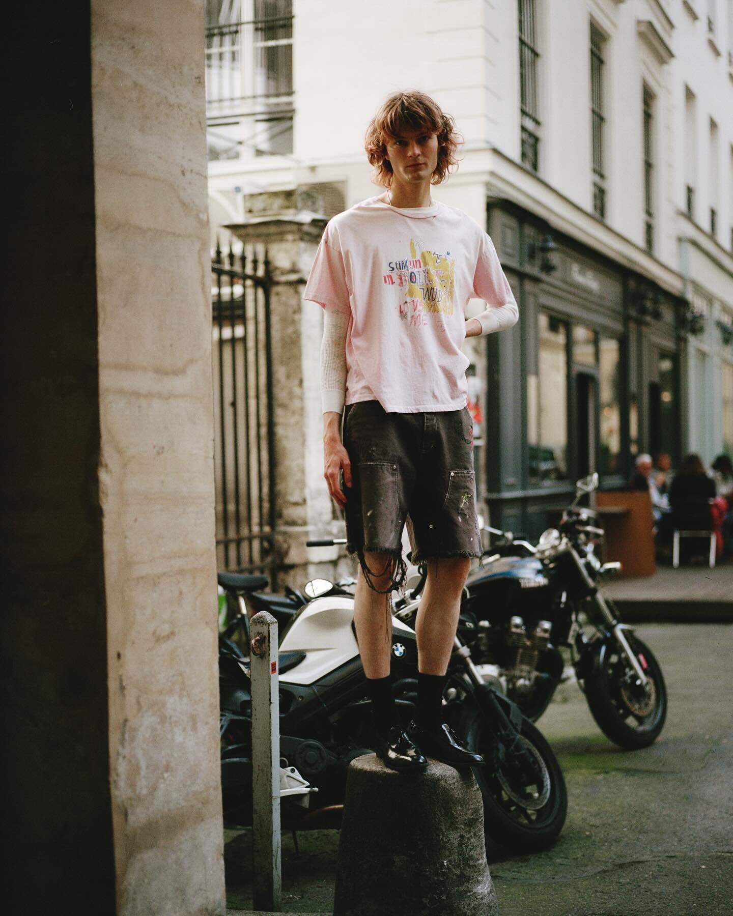 Paly Hollywood好莱坞涂鸦字母印花做旧破坏短袖美式休闲纯棉T恤