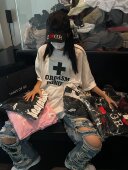 Grailz 休闲男女潮牌T恤 高街美式 Project GR破坏做旧泥染十字短袖