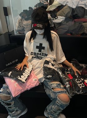 Grailz Project GR破坏做旧泥染十字短袖高街美式休闲男女潮牌T恤