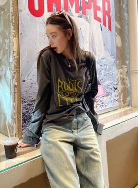 WE11DONE FUGUI小众潮牌美式休闲打底衫字母印花水洗做旧长袖T恤