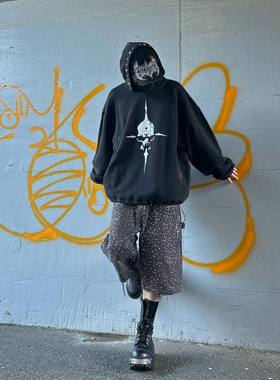 Thug Club做旧水洗十字骷髅铆钉连帽衫高街美式休闲宽松潮牌卫衣