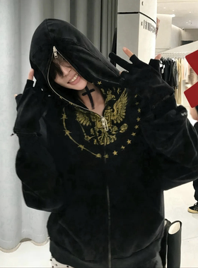 GRAILZ PROJECT GR美式休闲双头鸟手套连肩拉链开衫做旧卫衣外套