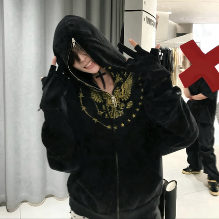 GRAILZ PROJECT GR美式休闲双头鸟手套连肩拉链开衫做旧卫衣外套