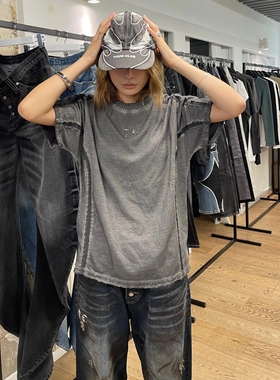 Thug Club重磅解构拼接金属星月Logo水洗做旧短袖美式休闲宽松T恤