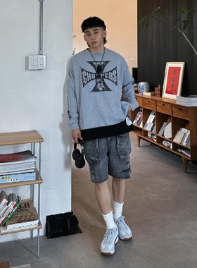 ERD忧郁富二代华夫格十字字母长袖T恤美式休闲VIBE风高街男女卫衣