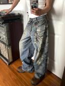 1891数码 印花3D打印泼墨AC风格 牛仔裤 KICKSTA新款 直筒潮牌休闲裤