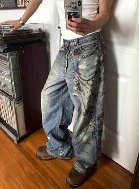 KICKSTA新款1891数码印花3D打印泼墨AC风格牛仔裤直筒潮牌休闲裤