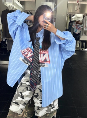 Grailz Project GR不规则条纹地球印花长袖衬衫VIBE美式休闲衬衣