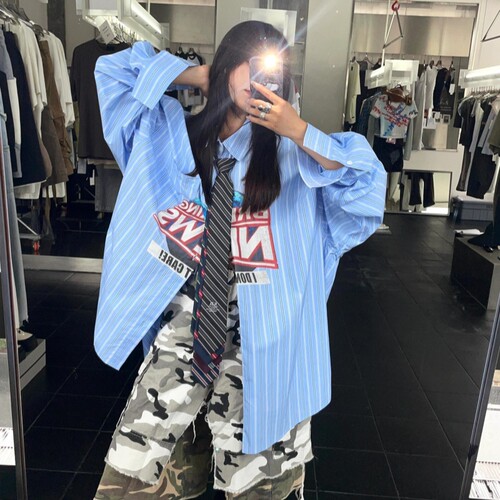 Grailz不规则条纹翻领长袖衬衫