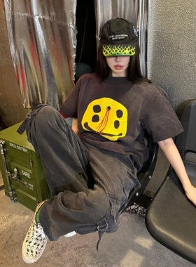 CPFM联名Saint Micheal潮牌水洗做旧笑脸印花短袖高街美式休闲T恤