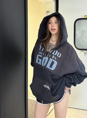 ERD忧郁富的二代字母印花水洗做旧连帽开衫高街美式宽松休闲外套