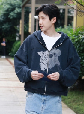 ERD忧郁的富二代猪人水洗做旧开衫连帽卫衣高街美式休闲潮牌外套