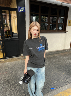 vintage tee NIN九寸钉字母夏季美式休闲水洗做旧短袖高街宽松T恤
