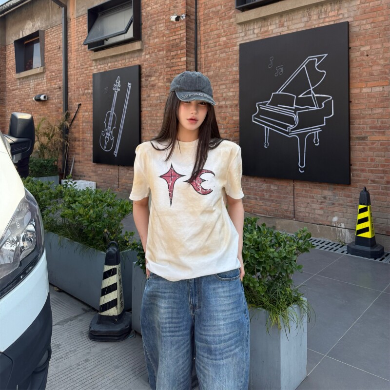 ThugClub废土风星月脏染流行T恤