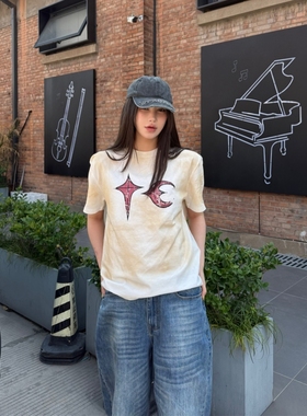 Thug Club小众潮牌重工做旧脏染星月短袖美式休闲宽松男女流行T恤