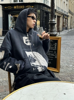 ERD忧郁的富二代麦当娜贴布拉链连帽衫卫衣高街休闲cleanfit外套