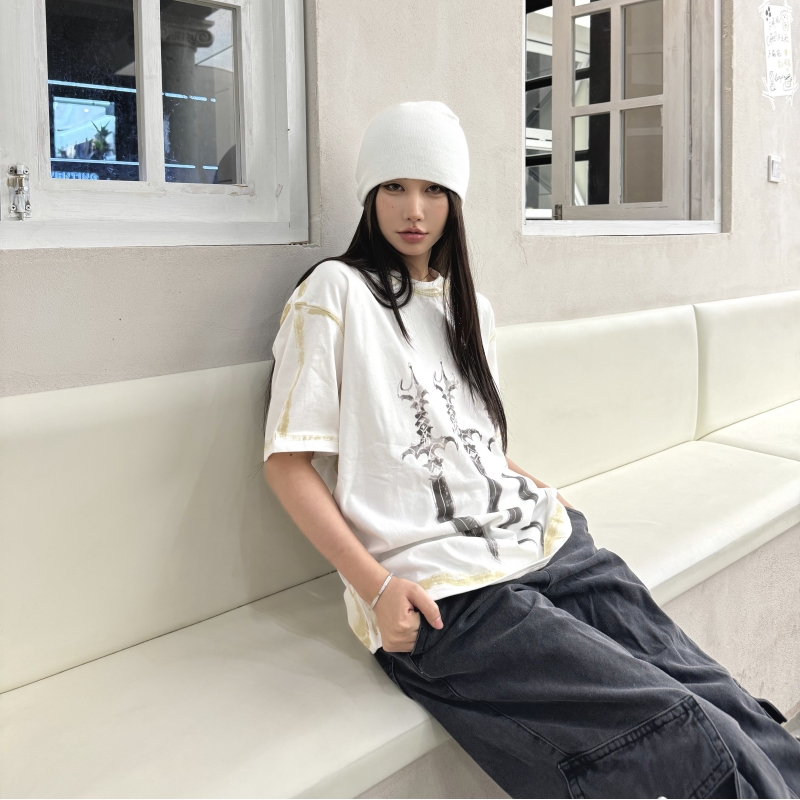 Thug club小众潮牌水洗做旧脏染宝剑印花短袖美式夏季休闲情侣T恤