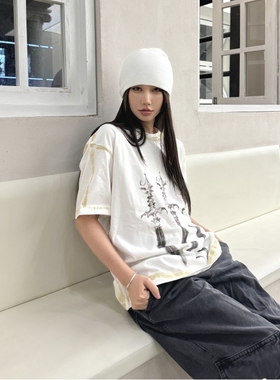 Thug club小众潮牌水洗做旧脏染宝剑印花短袖美式夏季休闲情侣T恤