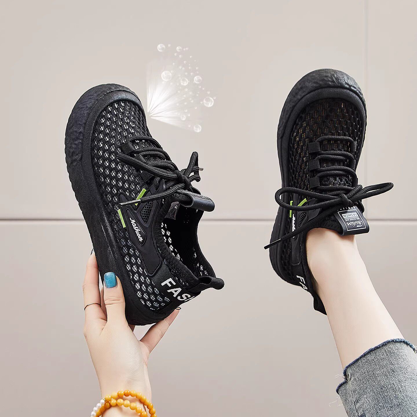 网鞋女透气网面夏季薄款软底久站不累脚工作鞋黑色厨房上班鞋运动