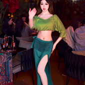 绿色撞色流苏高级长裙显瘦大码 悦梦风璐肚皮舞新品 套装 演出服