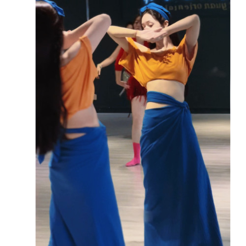 悦梦风璐肚皮舞新款套装演出服班服性感气质练功服蓝色长裙初学