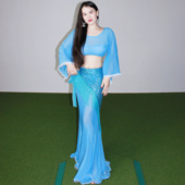 悦梦风璐肚皮舞新款 演出服班服性感气质练功服蓝色显瘦初学 套装