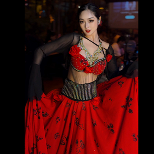 悦梦风璐肚皮舞新款 演出服班服性感气质练功服显瘦初学大摆裙 套装