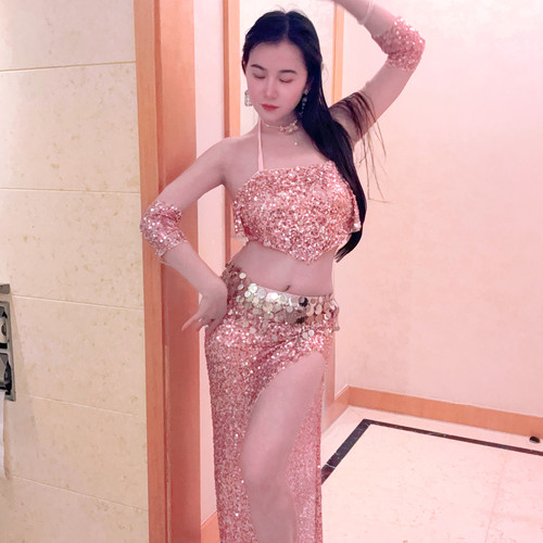 悦梦风璐肚皮舞新款套装演出服班服气质练功服显瘦初学亮片包臀