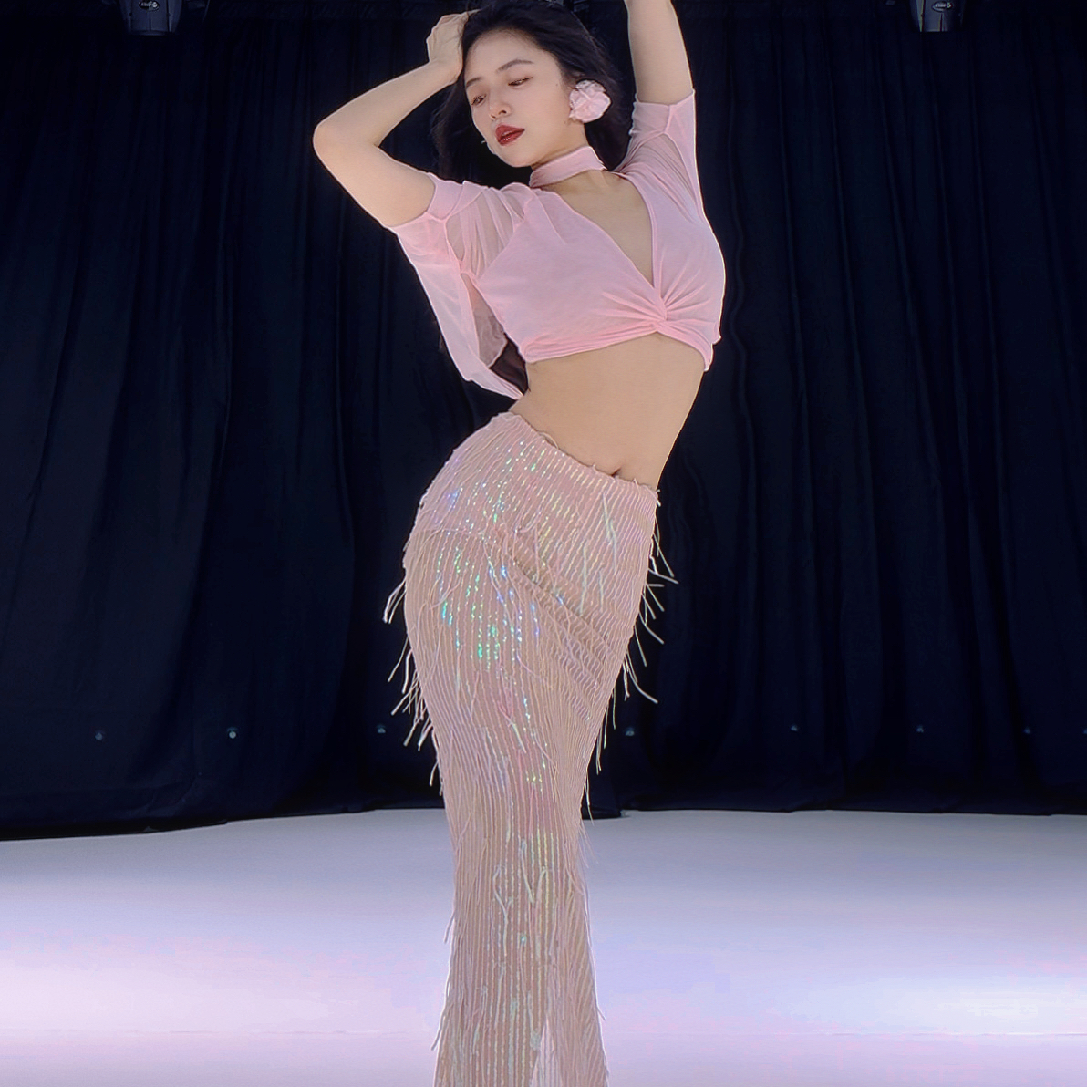 悦梦风璐肚皮舞新款套装演出服班服性感气质仙女练功服粉色初学者