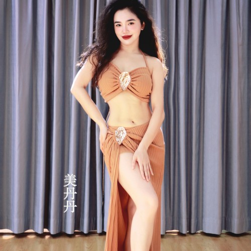 悦梦风璐肚皮舞服装新款性感咖色带胸垫上衣半身裙女演出服套装