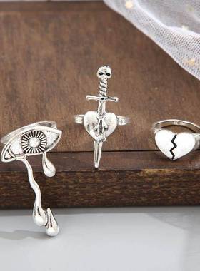Love tears eyes ring women's 3-pcs set爱心流泪眼睛戒指朋克风
